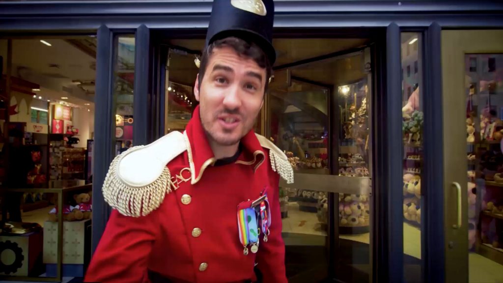 FAO Schwarz worker in front of store